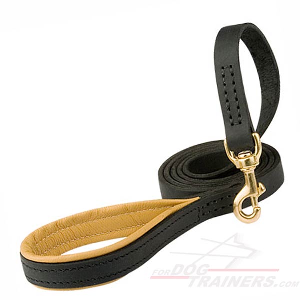 leather dog leash with soft leather support material on the handle, hand stitching on the lead