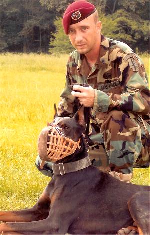 Sergeant Major *Limp wearing our Leather basket dog muzzle - proud owner Travis Brewer