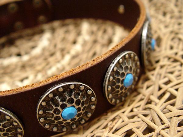 Wide  Leather Pitbull  Collar with Conchos and  Blue Stones for Walking