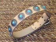 Handcrafted Leather Dog Collar For Large Breeds With Silver Plated Circles and With Blue Stones