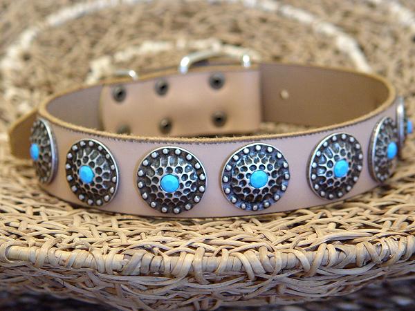 Equisite Leather Dog Collar with Silver Comchos with Blue Stones