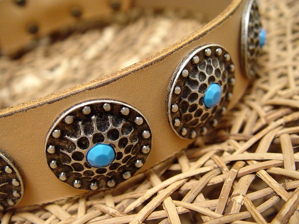 Posh Leather Dog Collar with Circles Iincrusted with Blue Stones